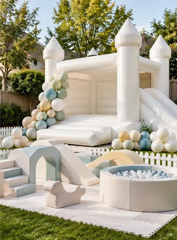 White bounce house with balloons and soft play