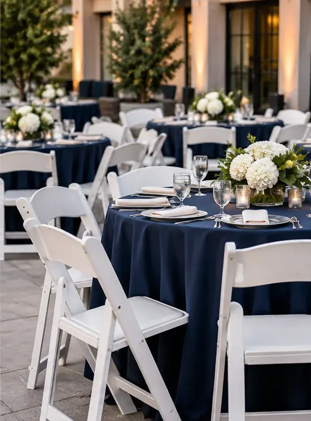 Round tables with navy linens and white chairs