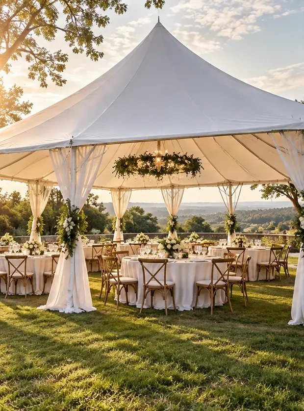 Tent with draped fabric and tables set for a reception