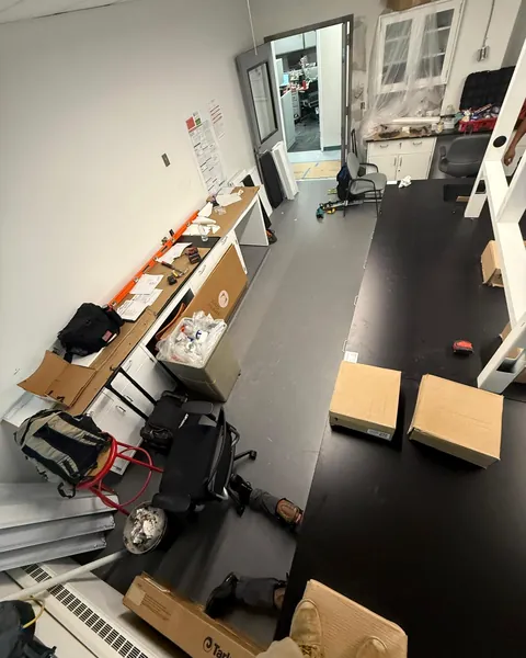 Laboratory benches and cabinets being installed